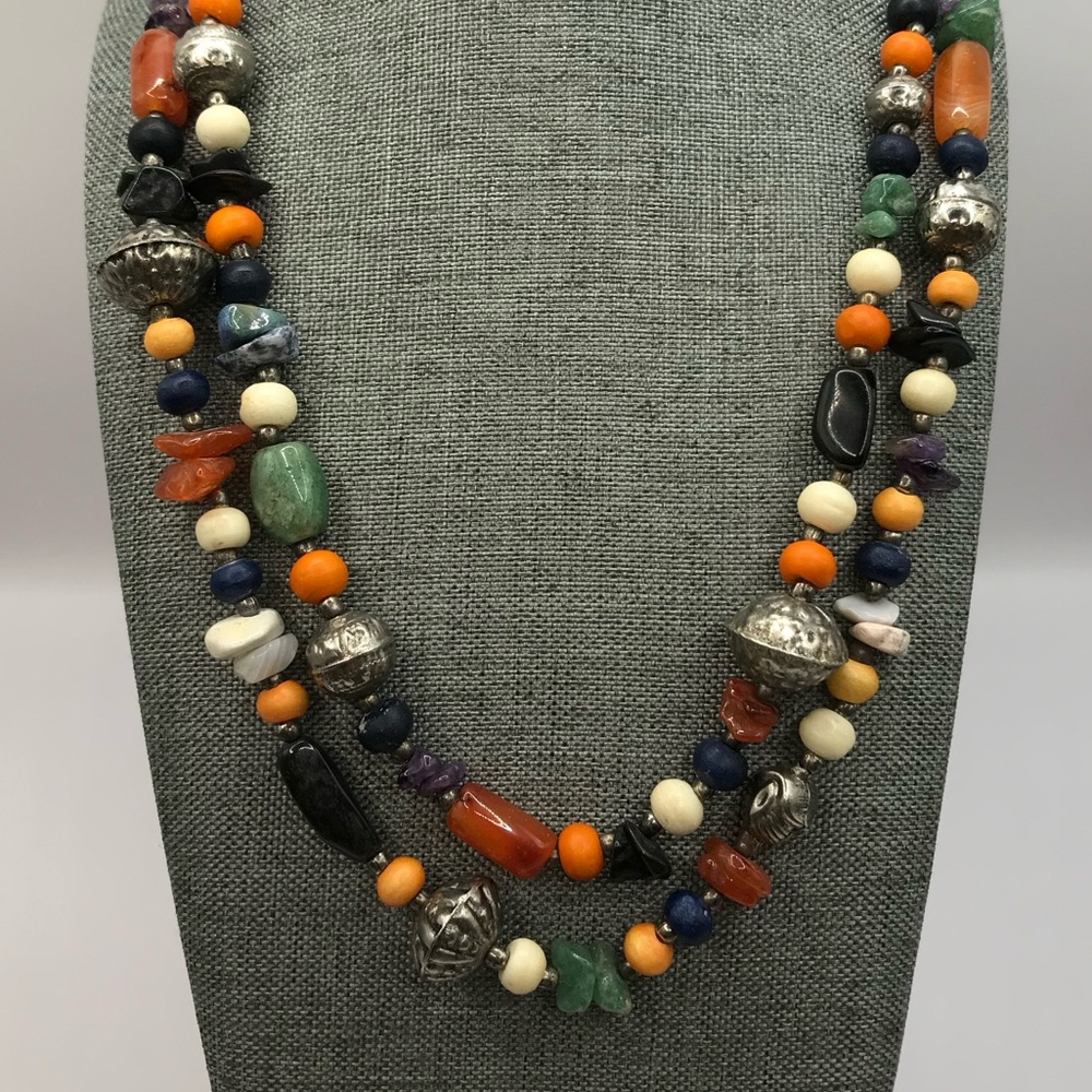 Double Strand Multicolor Semi Precious Beaded Necklace - Picture 4 of 13